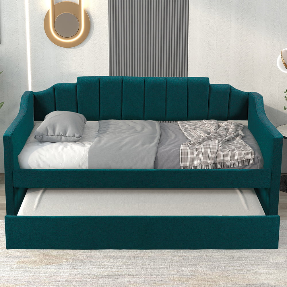 Green Fabric Upholstered Wooden Daybed with Trundle P2905