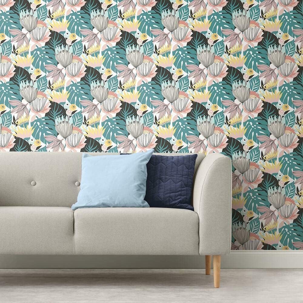 Pink and Green Retro Tropical Leaves Peel and Stick Wallpaper R1263