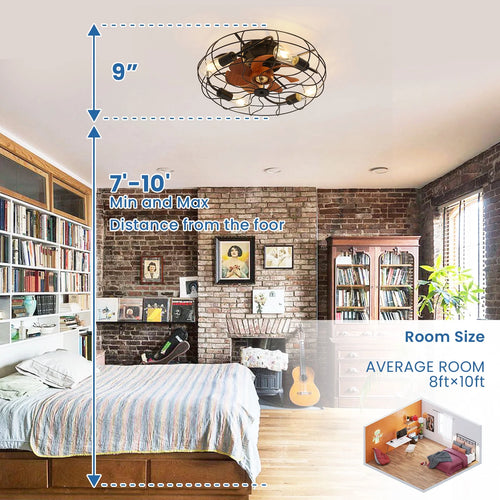 20" Industrial Flush Mount Bladeless Caged Ceiling Fan with Light and Remote F855