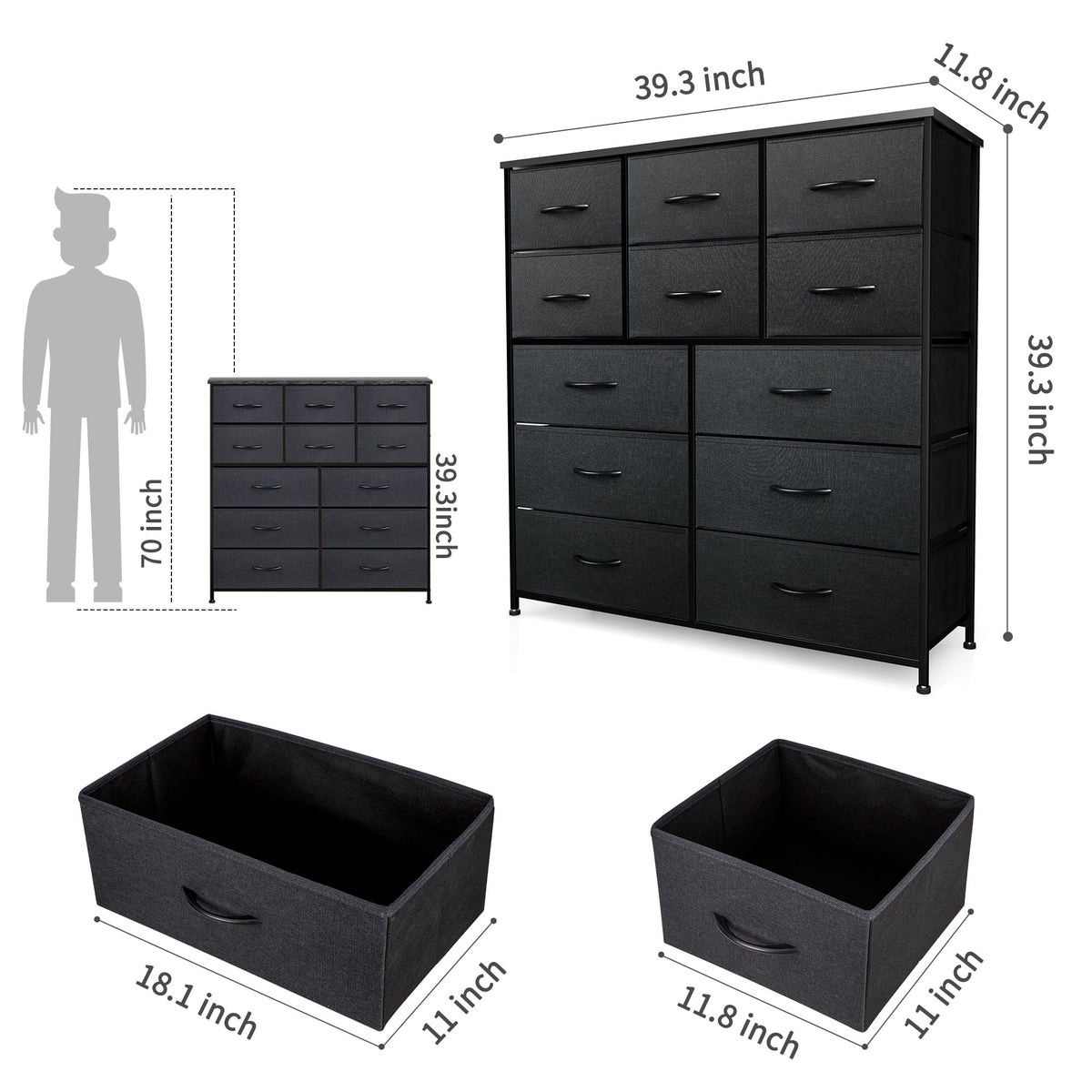 Black 12 Drawer Fabric Storage Dresser with Wood Top B35122