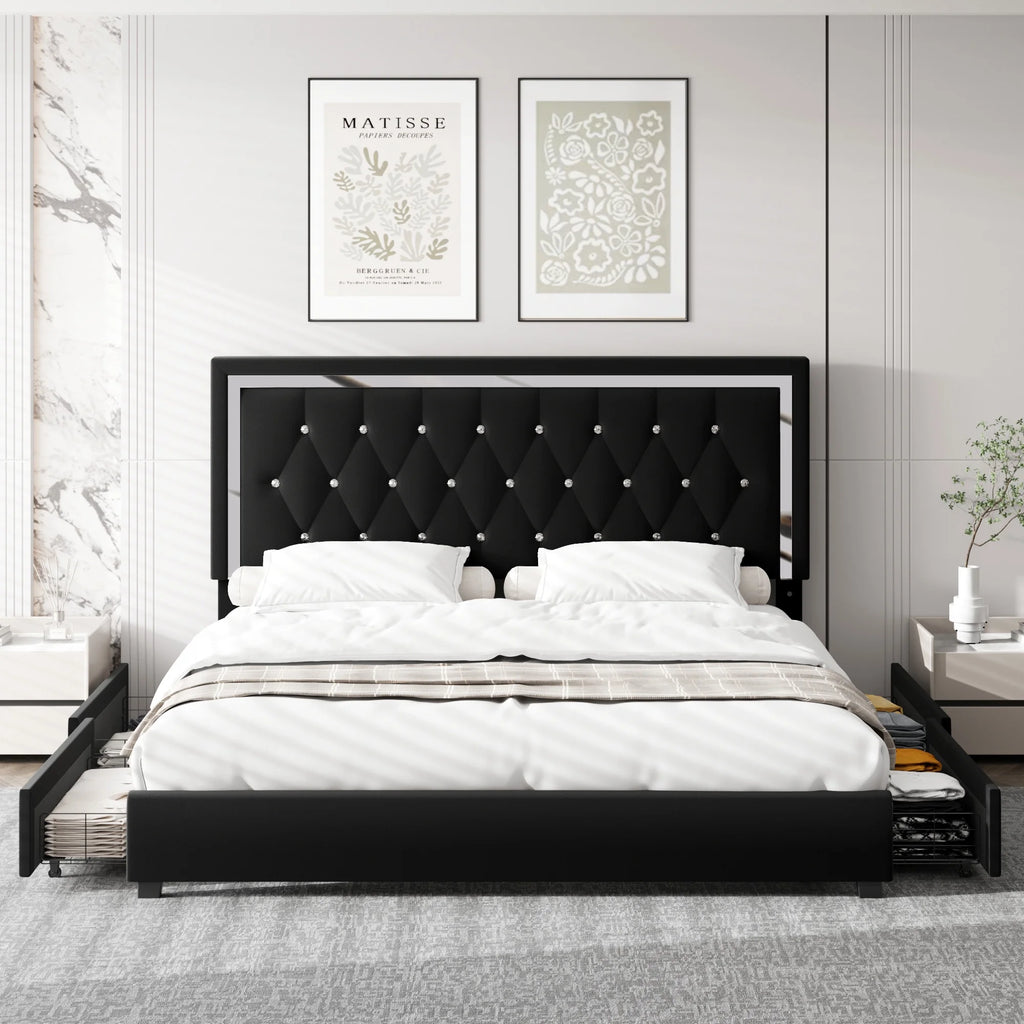Full Size Storage Bed with 4 Drawers, Black Upholstered Platform Bed Frame with Adjustable Headboard F93927