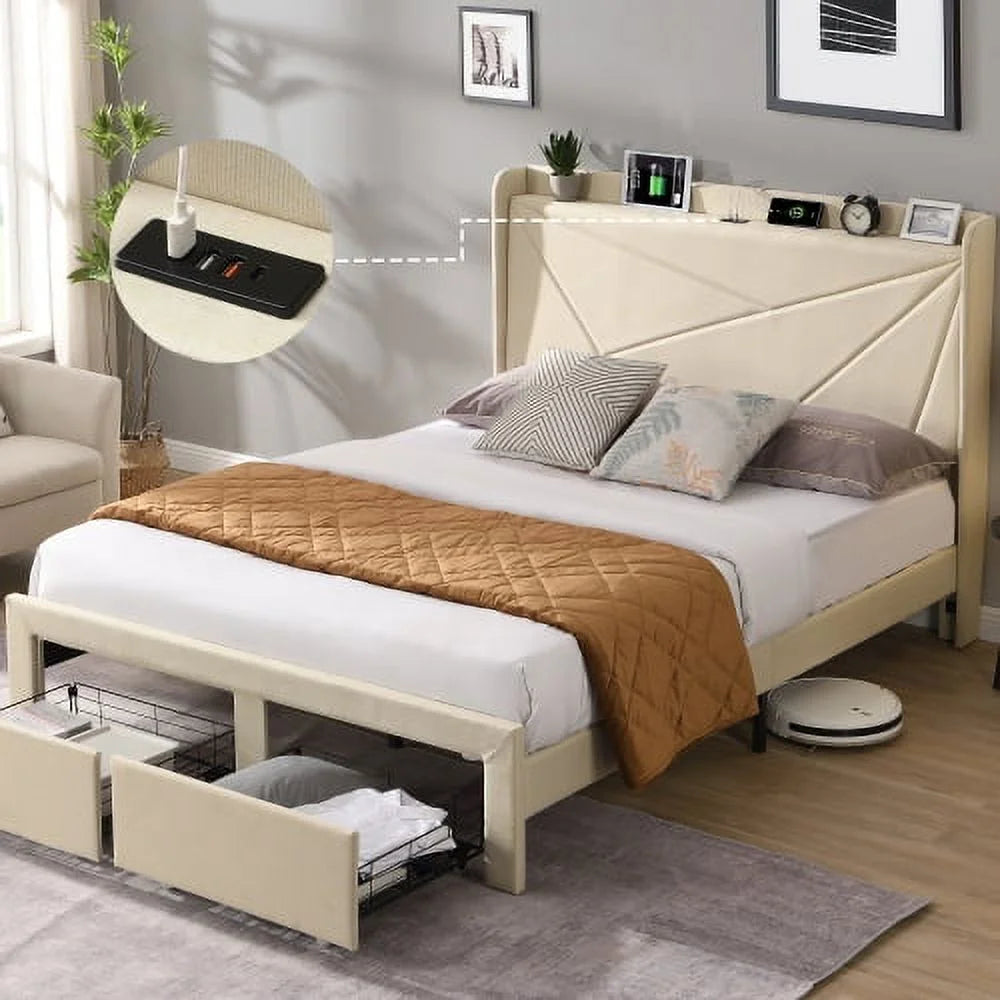 Full Size Upholstered Bed Frame with 2 Storage Drawers and USB Charging Y6895