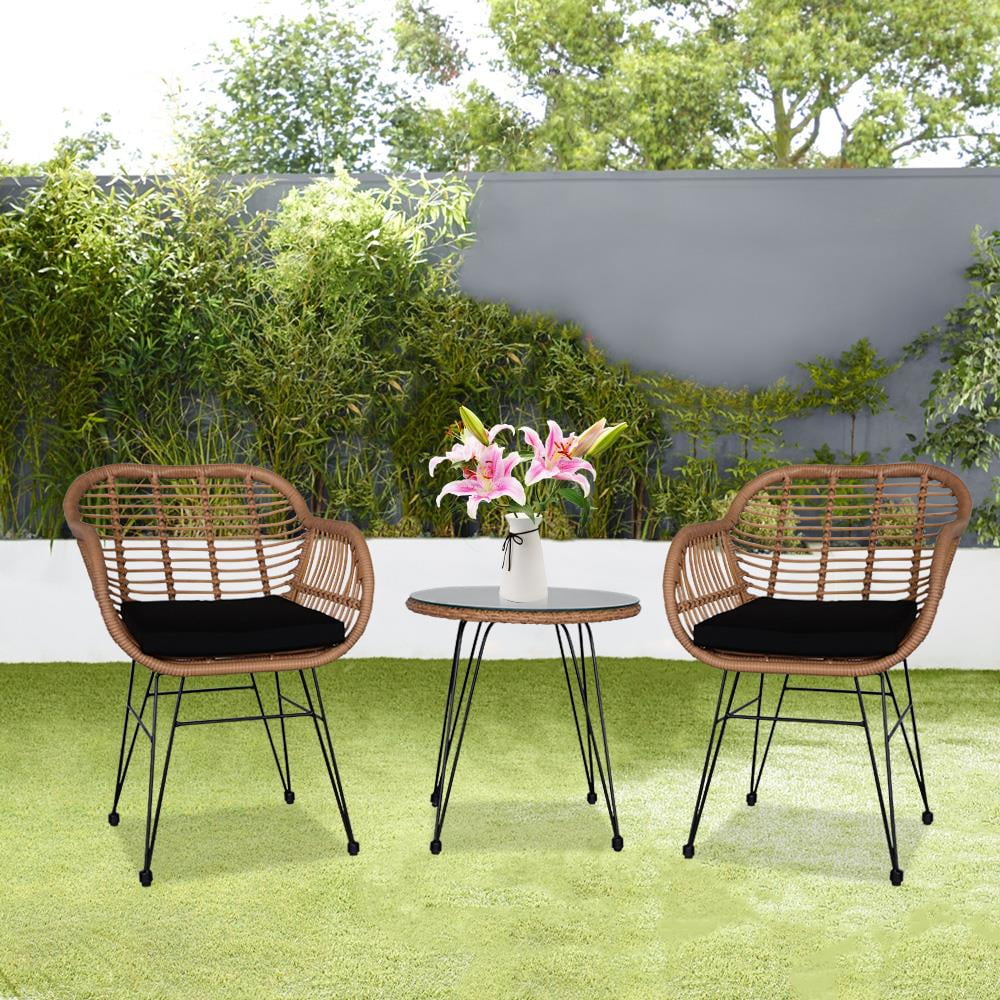 3 Pieces Wicker Rattan Patio Conversation Set with Tempered Glass Table Y10154