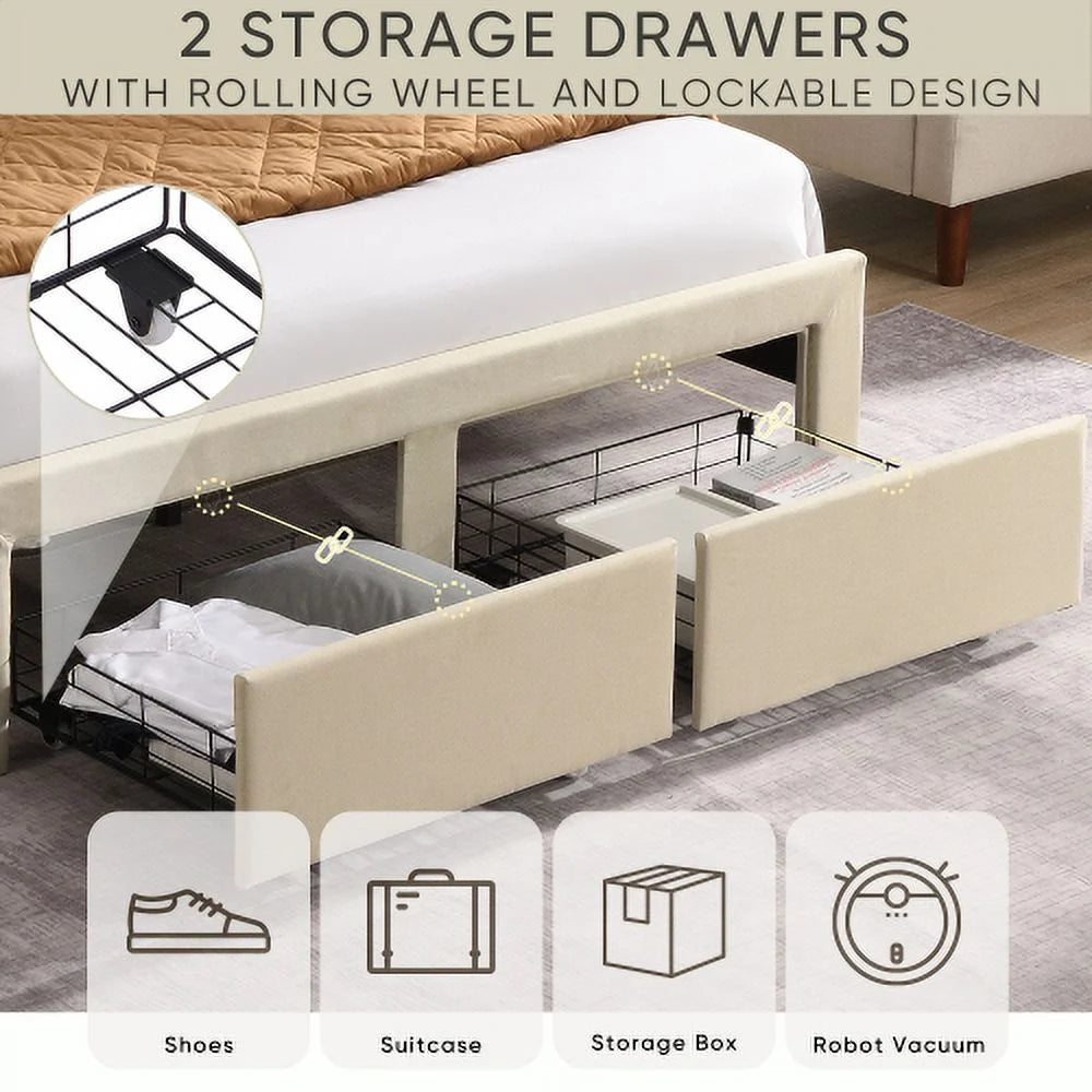Full Size Upholstered Bed Frame with 2 Storage Drawers and USB Charging Y6895