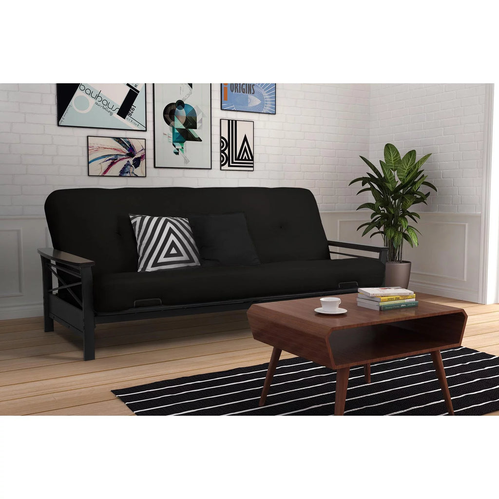 Full Size Metal Futon Frame with Espresso Wood Armrests J90837