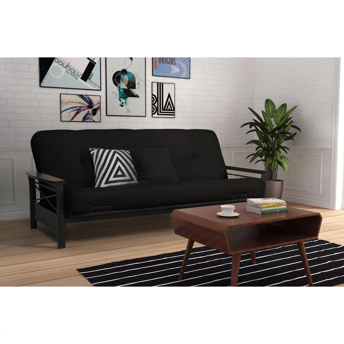 Full Size Metal Futon Frame with Espresso Wood Armrests J90837