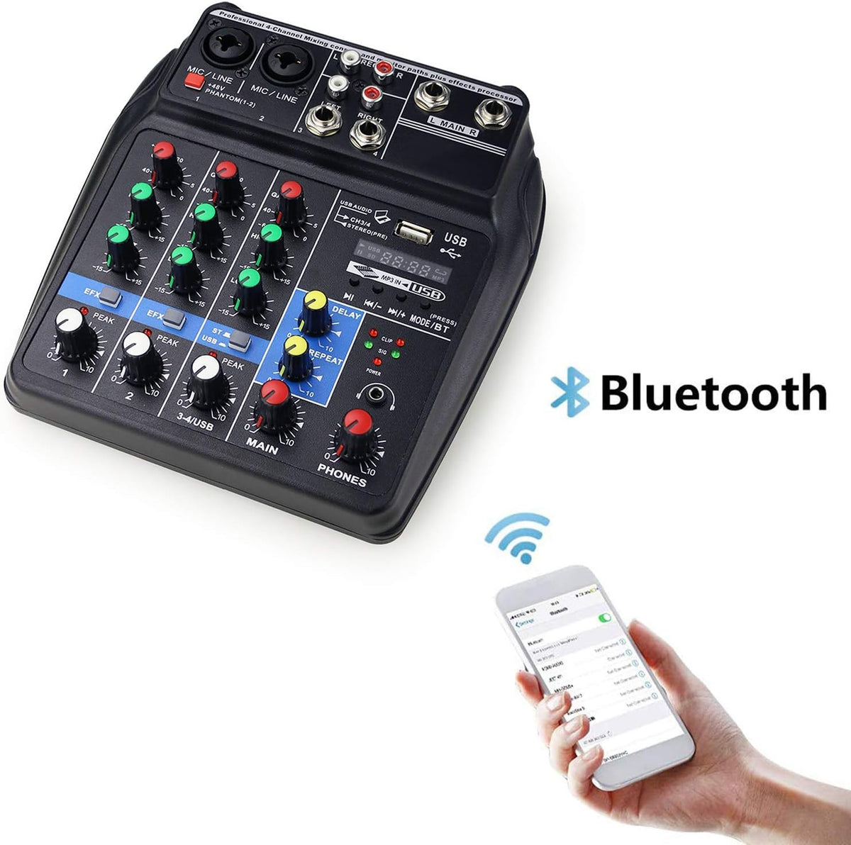4 Channels Audio Mixer with Sound Card and 48V Phantom Power J204