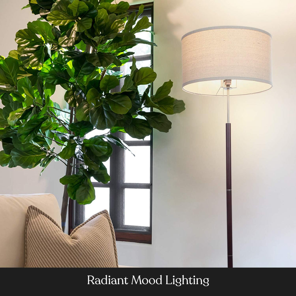 Floor Lamp with Drum Shade and Walnut Wood Finish Q30945