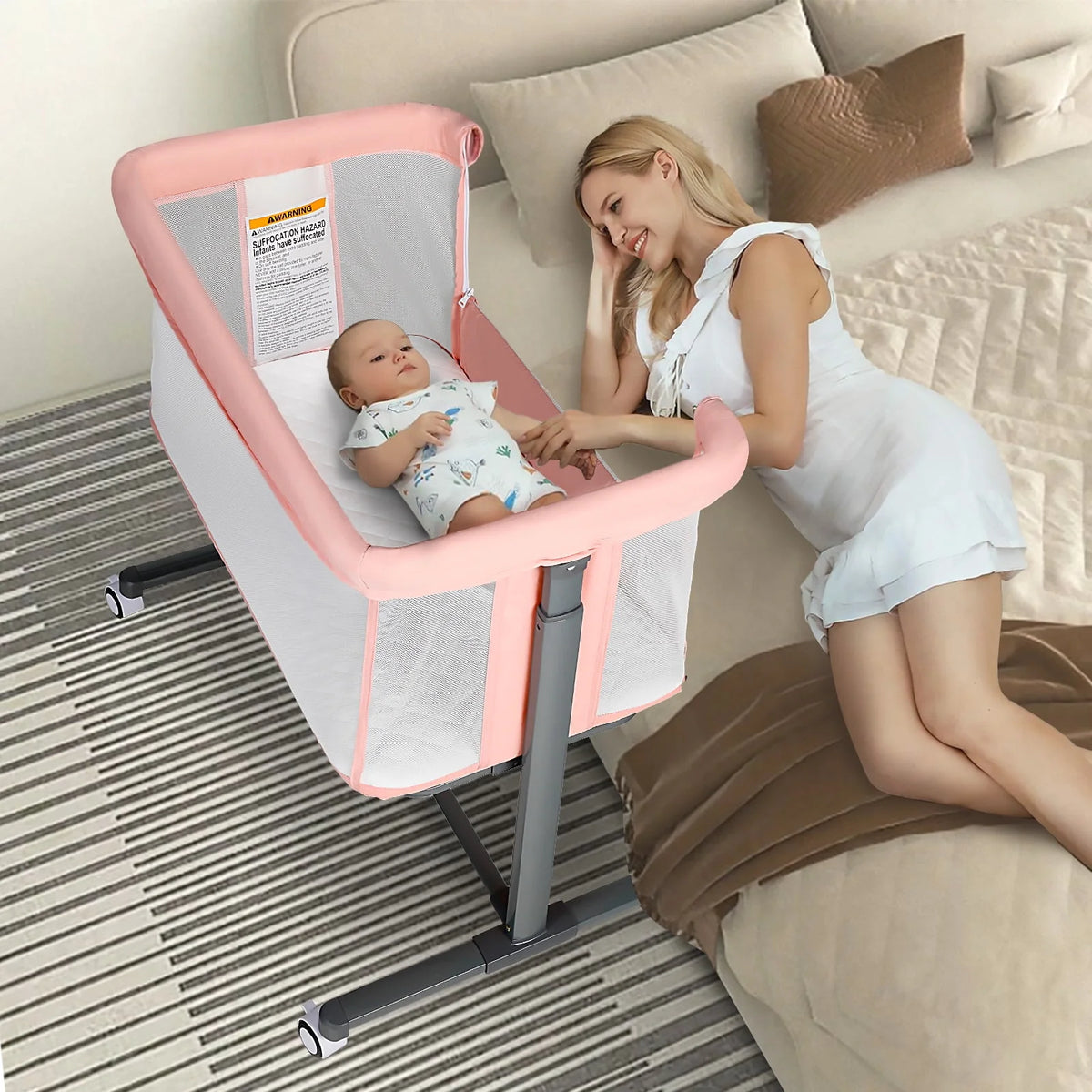 Baby Bassinet with Wheels Adjustable Bedside Sleeper Grey V28842