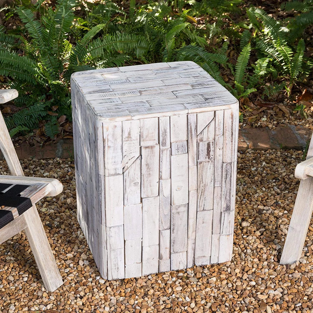 White-Washed Recycled Wood Stool End Table L4919