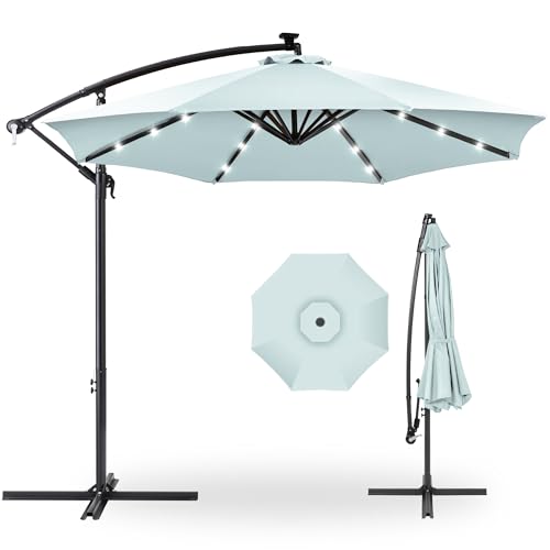 10ft Solar LED Offset Hanging Patio Umbrella with Easy Tilt Adjustment, Polyester Shade, 8 Ribs - Black U544