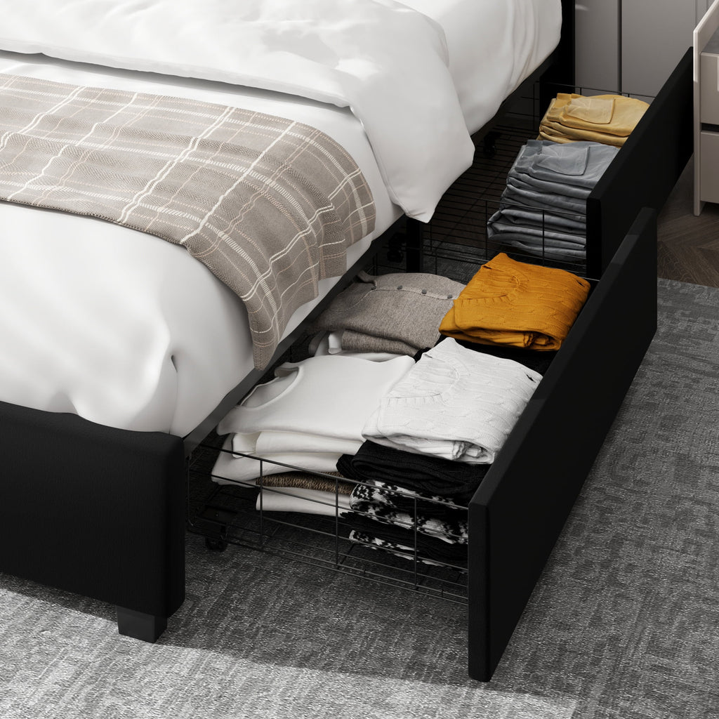 Full Size Storage Bed with 4 Drawers, Black Upholstered Platform Bed Frame with Adjustable Headboard F93927