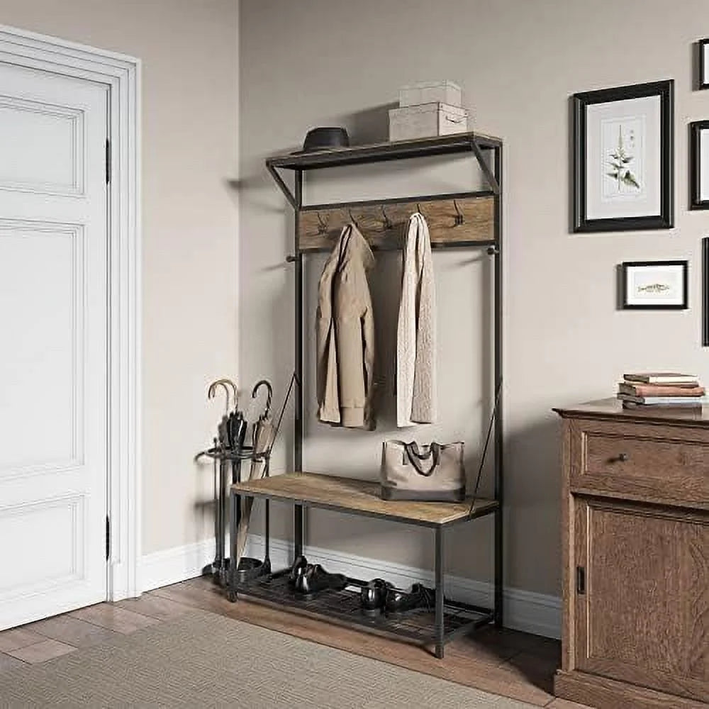 Industrial Bench Hall Tree Shoe Rack Hat and Coat Stand with Black Metal Frame S595170