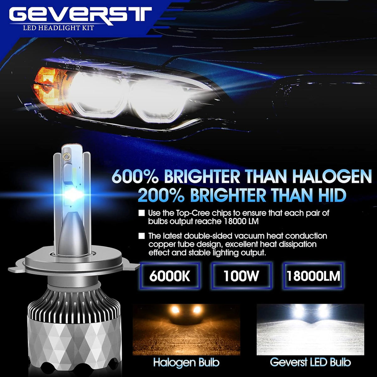 100W H4/9003 LED Headlight Bulbs 6000K Cool White IP68 Waterproof Conversion Kit, Pack of 2 L5343