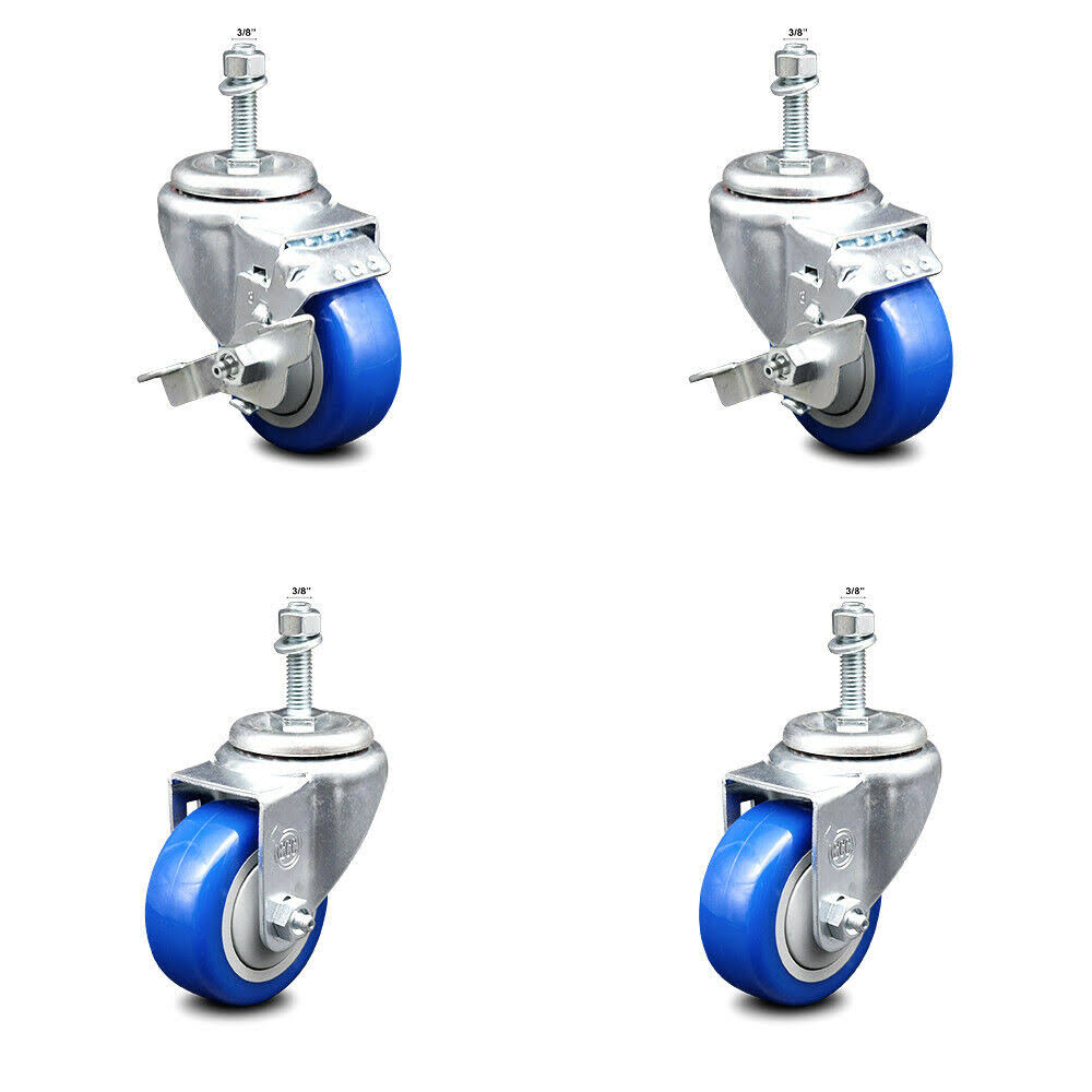 3.5 inch Blue Polyurethane Swivel Caster Set 2 Brake V292