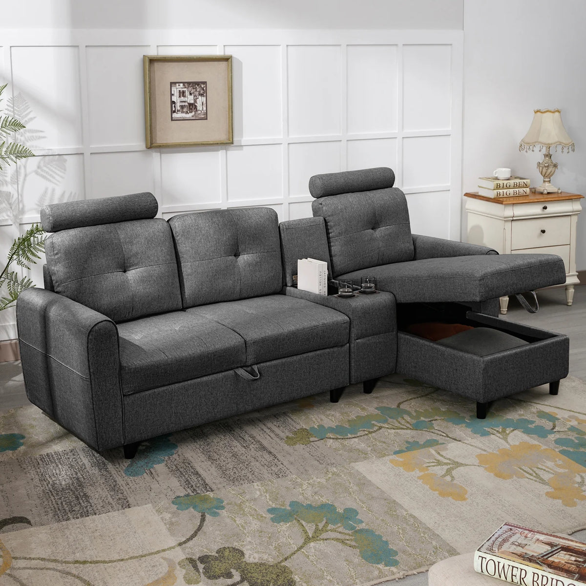 Dark Grey L Shaped Sectional Sofa with Storage Chaise O8313
