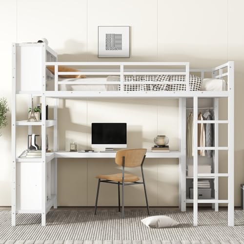 Metal Full Size Loft Bed Frame with L Shaped Desk, Wardrobe, Stairs, Storage J5037
