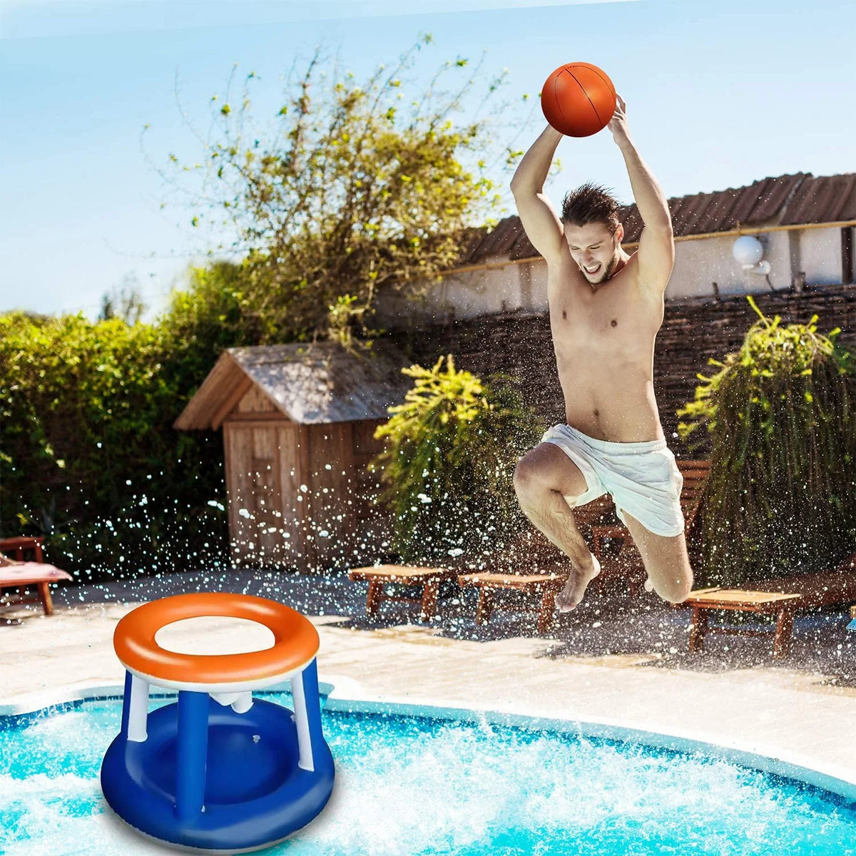 2-in-1 Inflatable Pool Basketball Hoop and Volleyball Set with Pool Net, Weight Bags Z7194