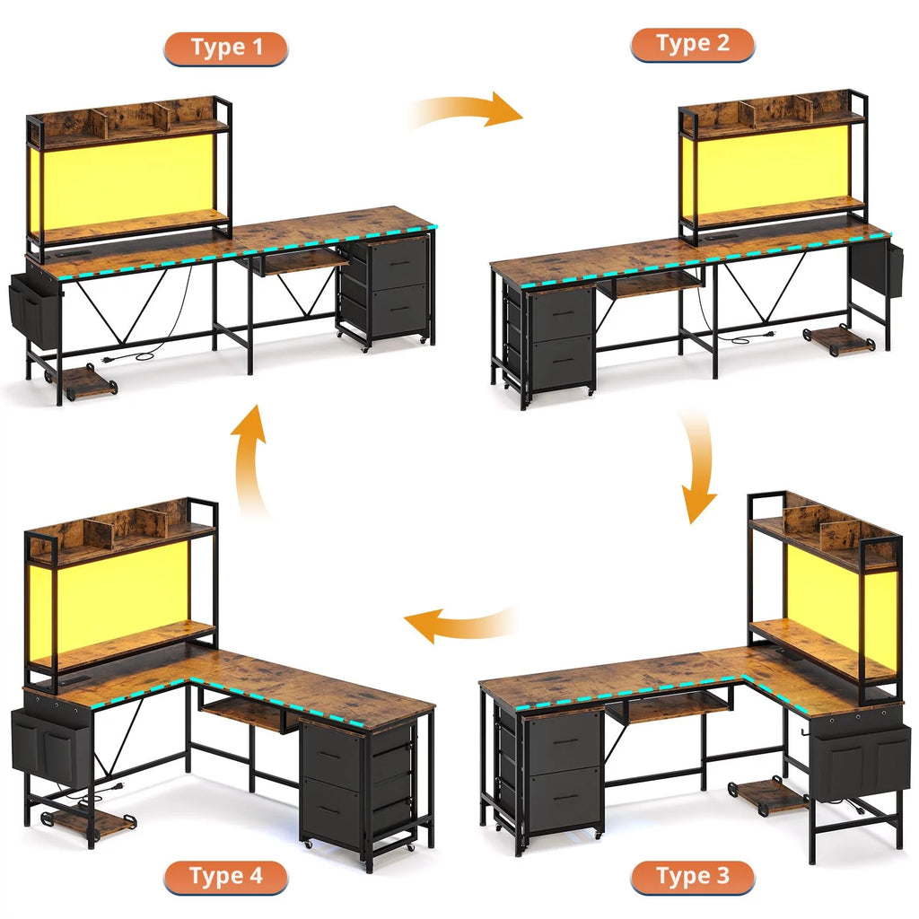 L Shaped Computer Desk with Power Outlet and Led Strip N2680