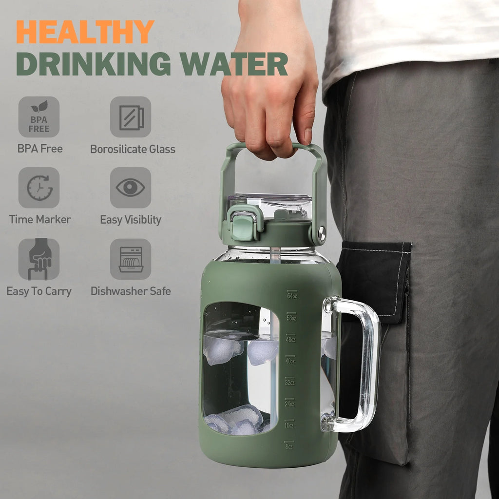 64oz Glass Water Bottle with Straw and Handle X82621