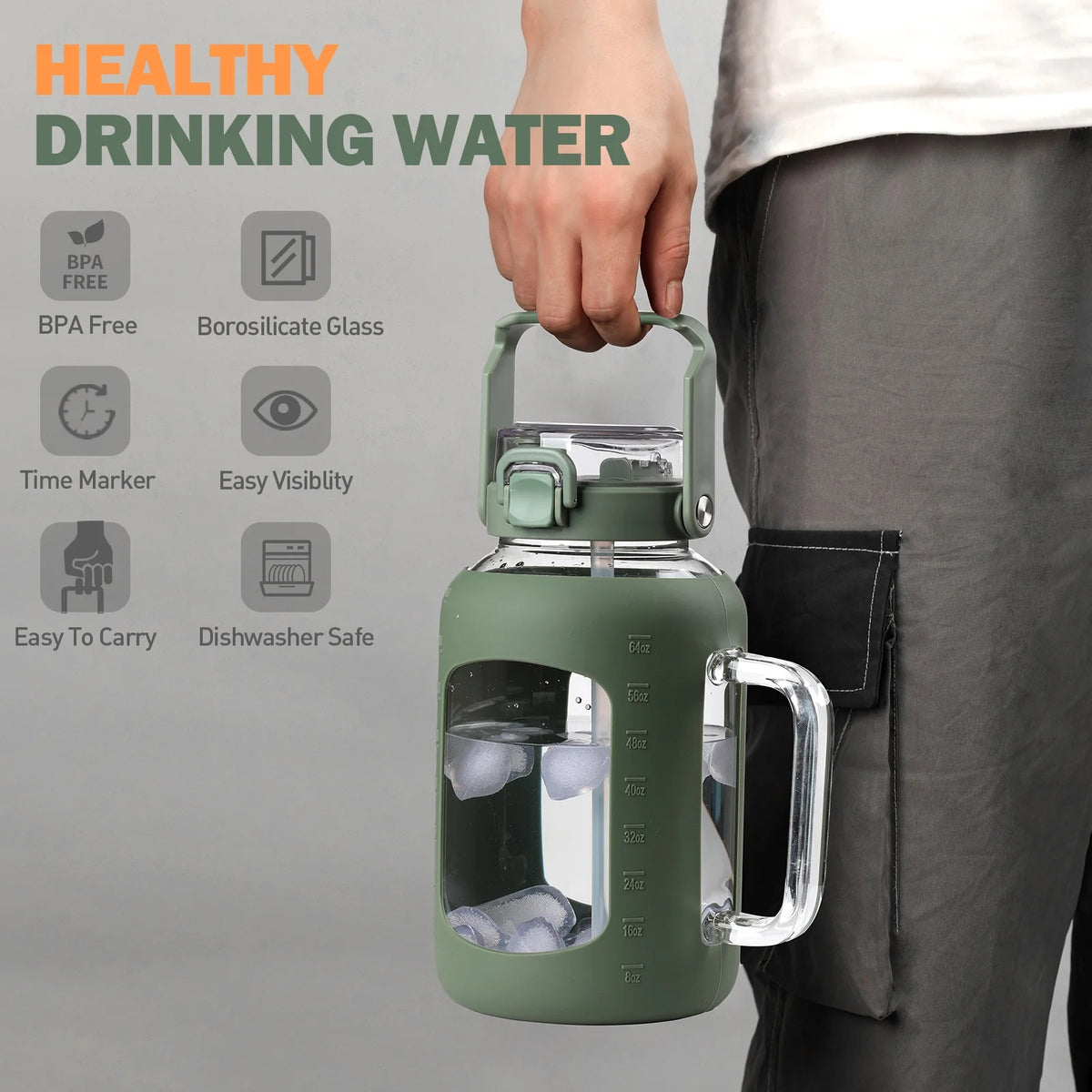 64oz Glass Water Bottle with Straw and Handle X82621