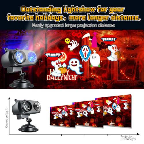 Halloween Projector Lights Outdoor, 2-in-1 HD Holiday Light Projector with Remote Control & Timer, IP65 Waterproof, 10 Slides & 10 Colors Ocean Wave Effects for Yard, Garden, House, Xmas Decorations A495
