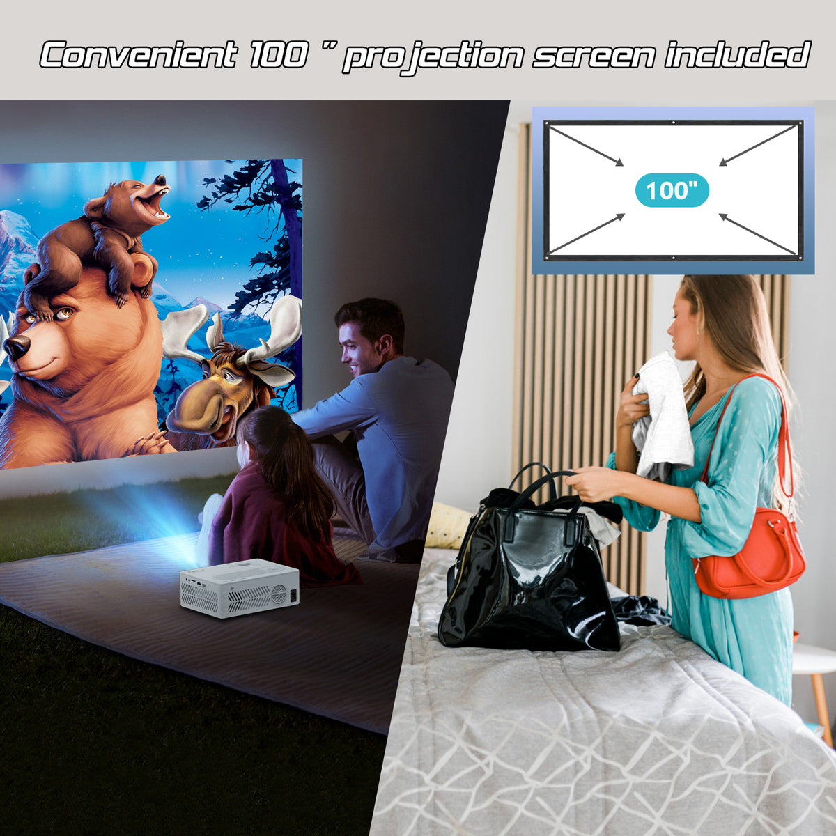 4K Supported Native 1080P Video Projector with 100" Screen K336314