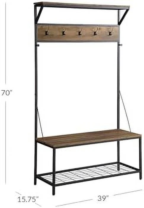 Industrial Bench Hall Tree Shoe Rack Hat and Coat Stand with Black Metal Frame S595170