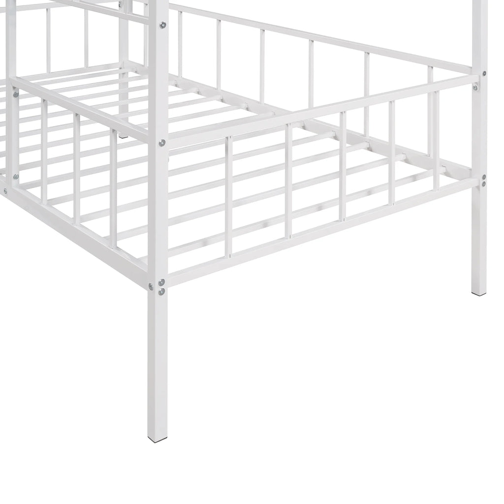 White Twin Size Metal House Bed with Guardrail and Ladder Q284