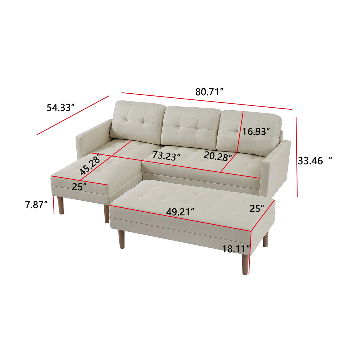Beige L-shape Sectional Sofa Bed with Ottoman Bench C598