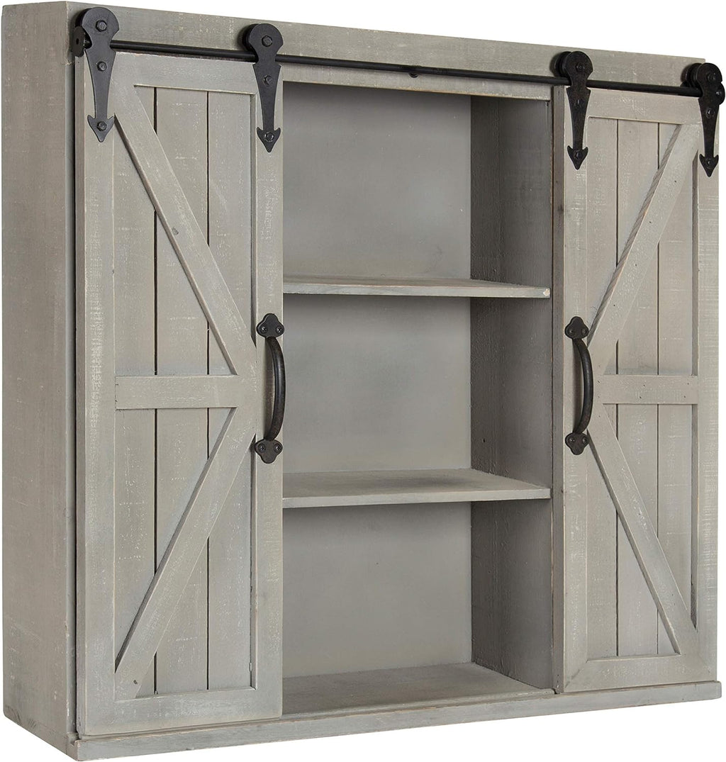 Rustic White Wood Wall Storage Cabinet with Two Sliding Barn Doors K676921