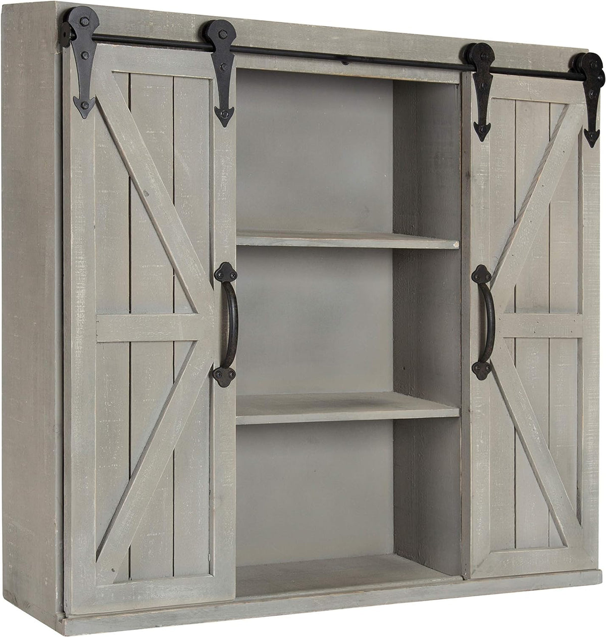 Rustic White Wood Wall Storage Cabinet with Two Sliding Barn Doors K676921