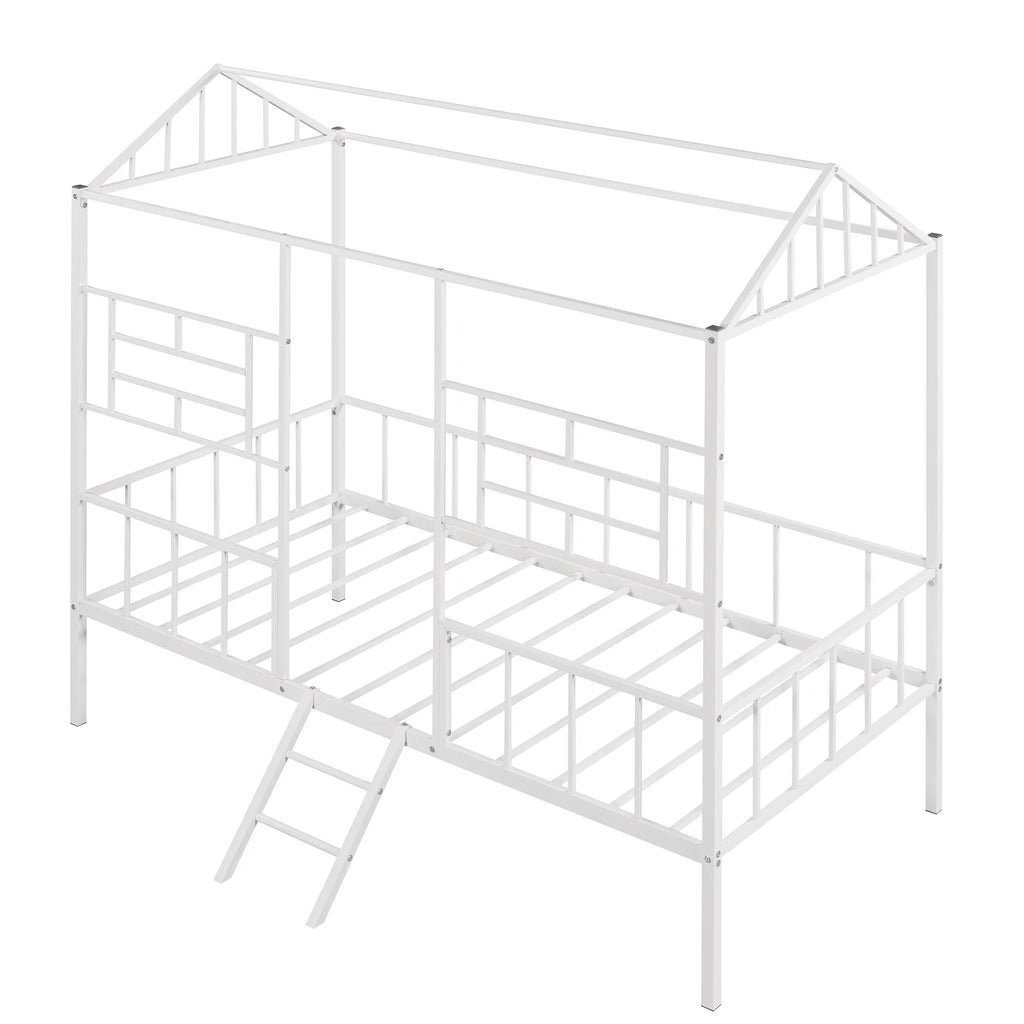 White Twin Size Metal House Bed with Guardrail and Ladder Q284