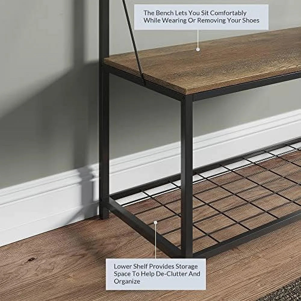 Industrial Bench Hall Tree Shoe Rack Hat and Coat Stand with Black Metal Frame S595170