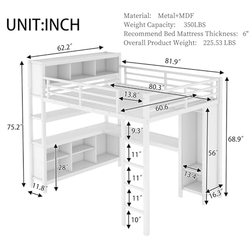 Metal Full Size Loft Bed Frame with L Shaped Desk, Wardrobe, Stairs, Storage J5037