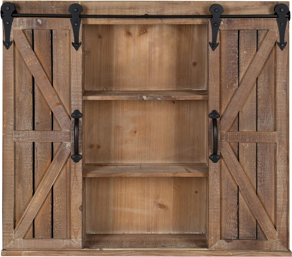 Rustic White Wood Wall Storage Cabinet with Two Sliding Barn Doors K676921