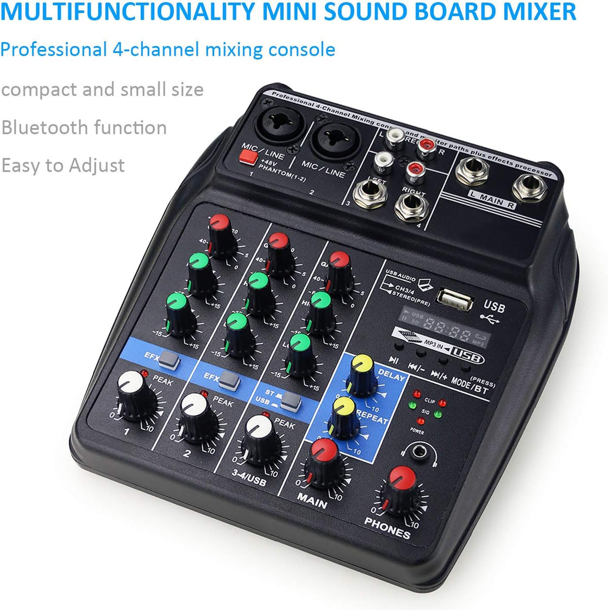 4 Channels Audio Mixer with Sound Card and 48V Phantom Power J204