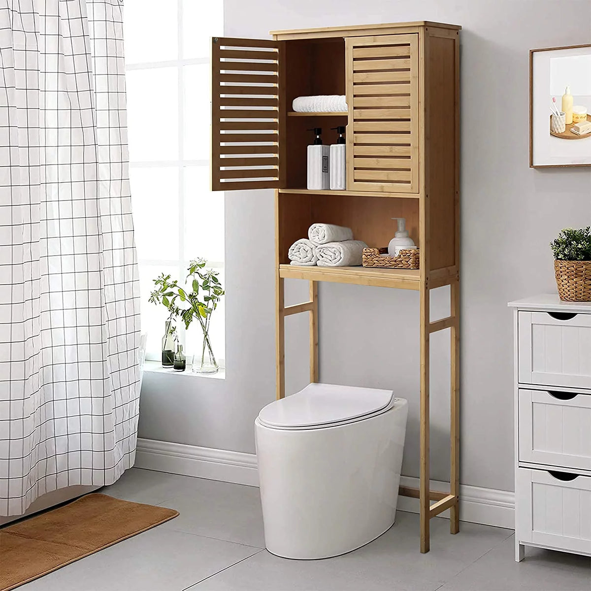 Bamboo Over-The-Toilet Storage Cabinet with Shelf and Cupboard S6792