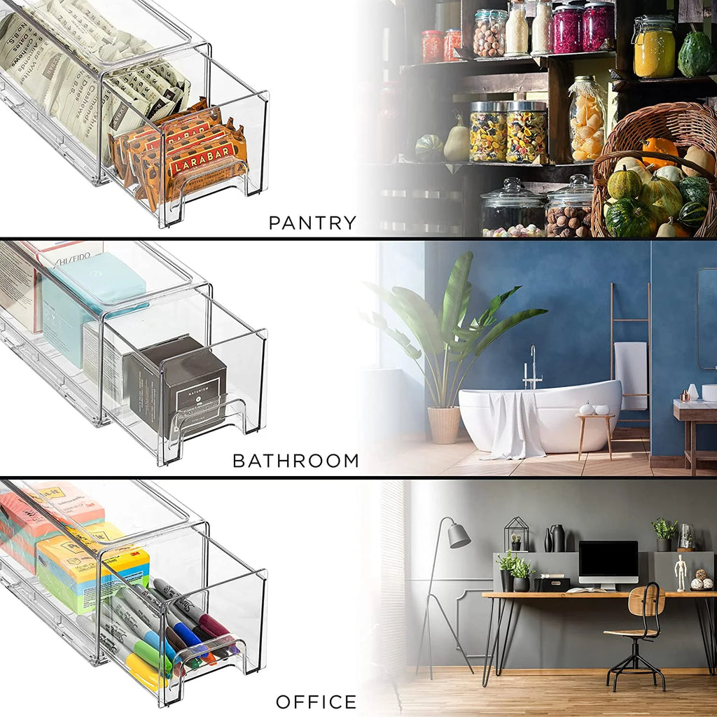 Clear Stackable Pull Out Refrigerator Organizer Bins (2 Pack | Small Wide) I545