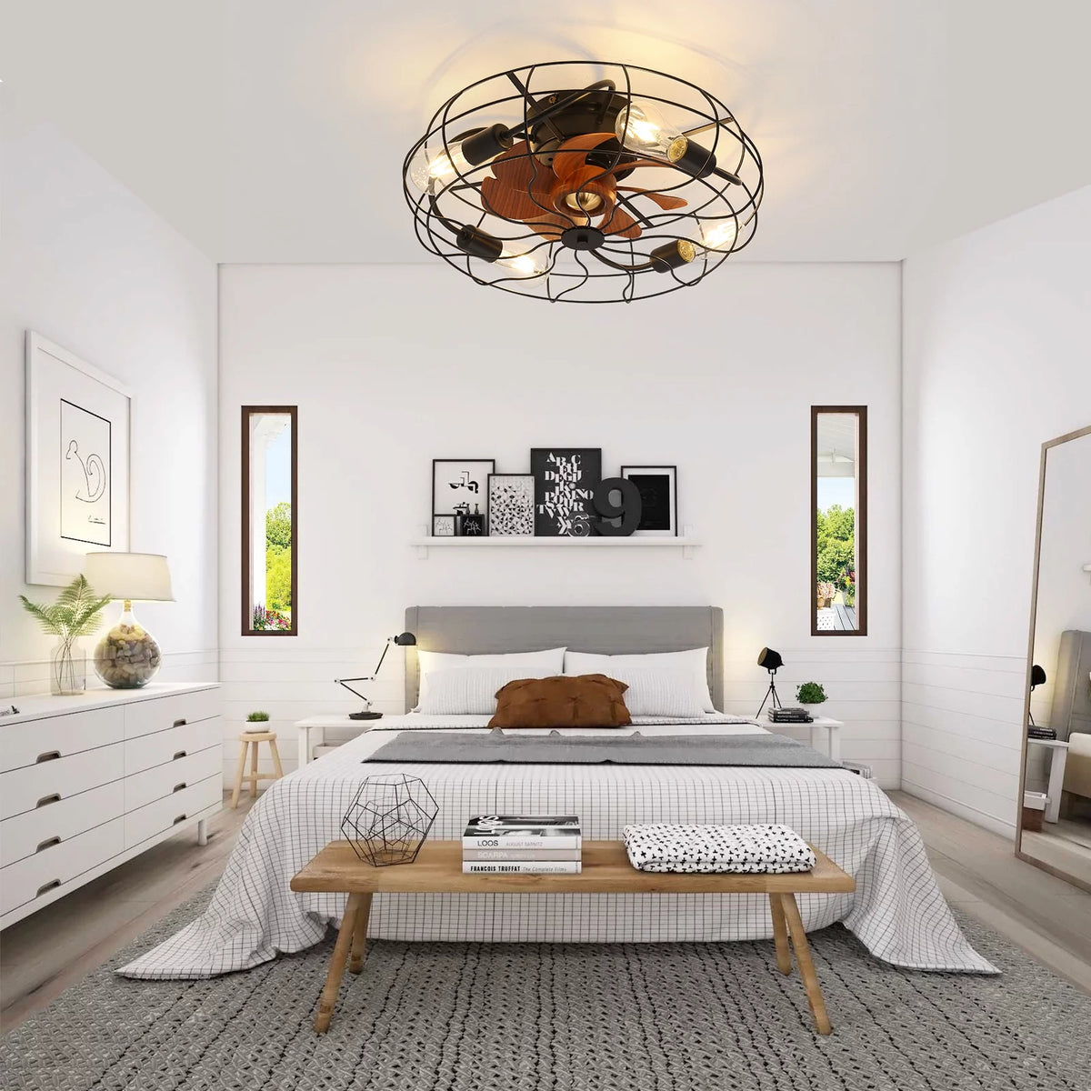 20" Industrial Flush Mount Bladeless Caged Ceiling Fan with Light and Remote F855