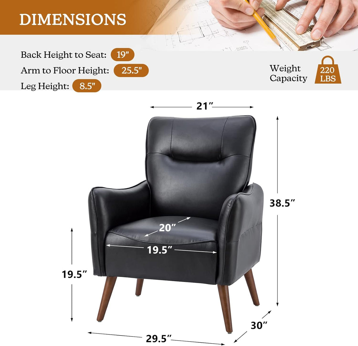 Black Faux Leather Armchairs Set Of 2 With Wooden Legs I39875