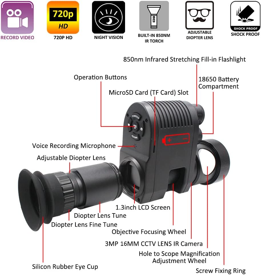 720p HD Night Vision Scope Camcorder Monocular with Built-in 850nm Infrared Flashlight N554226
