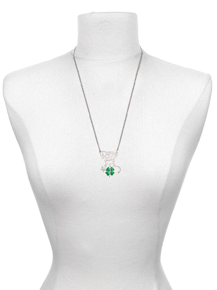 Silvertone Translucent Green Four Leaf Clover Pendant Necklace, 25" G2579