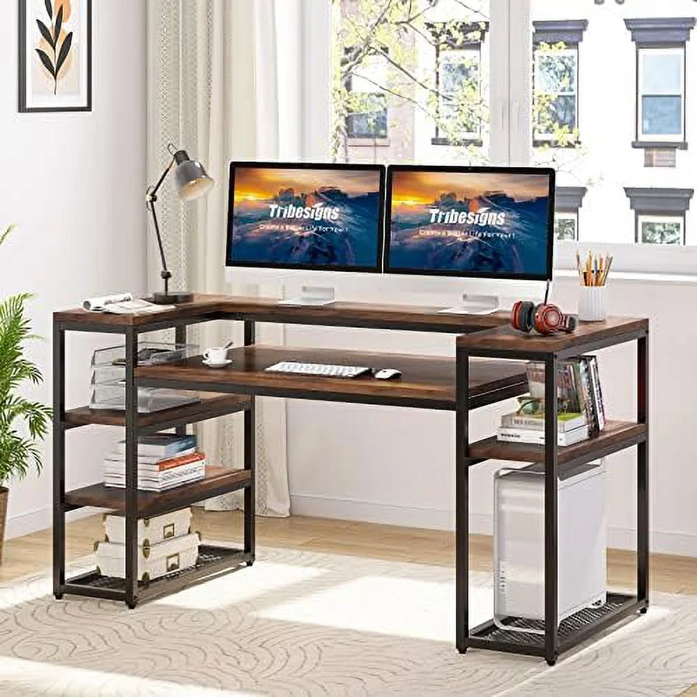 Brown Computer Desk with Monitor Shelf and CPU Stand N825
