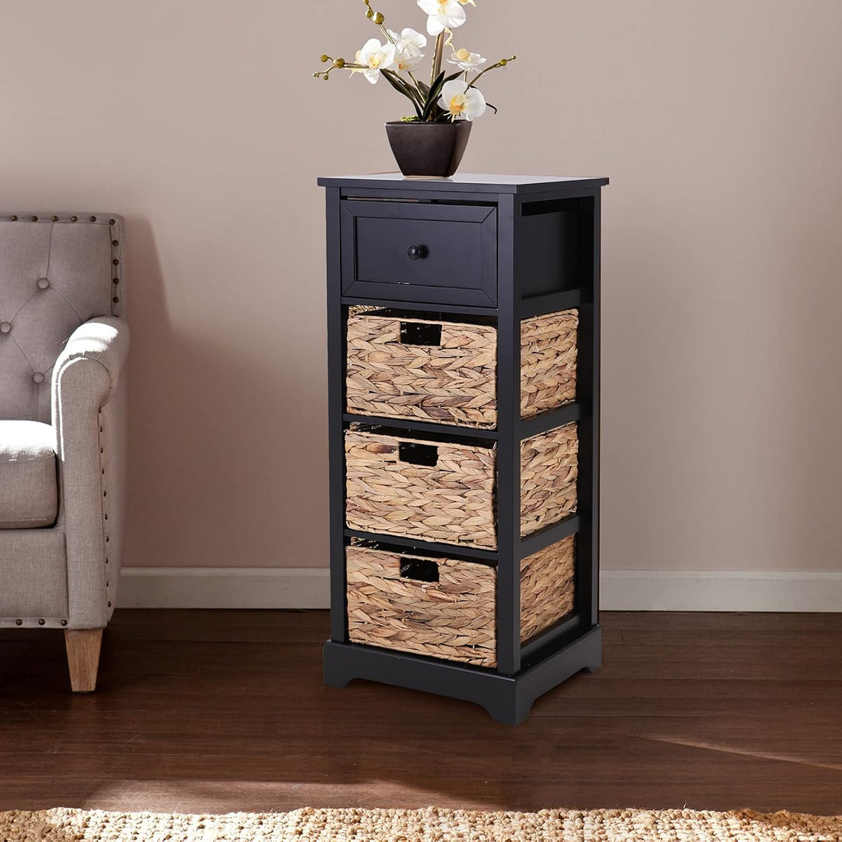 Black Storage Cabinet with 2 Drawers & 4 Removable Baskets R2934