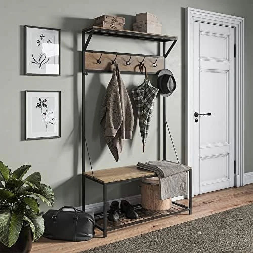 Industrial Bench Hall Tree Shoe Rack Hat and Coat Stand with Black Metal Frame S595170