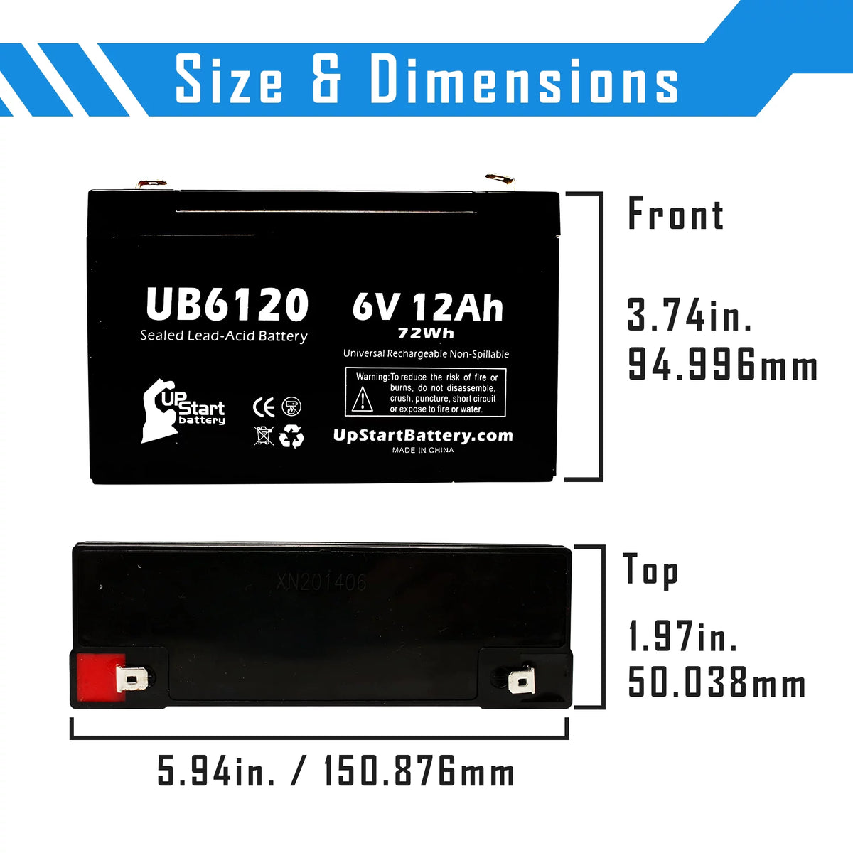 6V 12Ah Sealed Lead Acid Battery with F1 to F2 Terminal Adapters T479