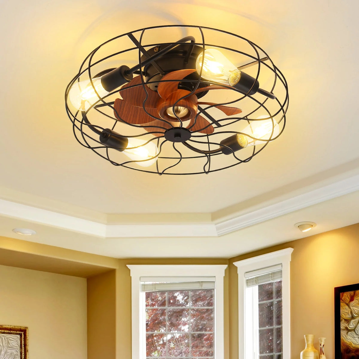 20" Industrial Flush Mount Bladeless Caged Ceiling Fan with Light and Remote F855