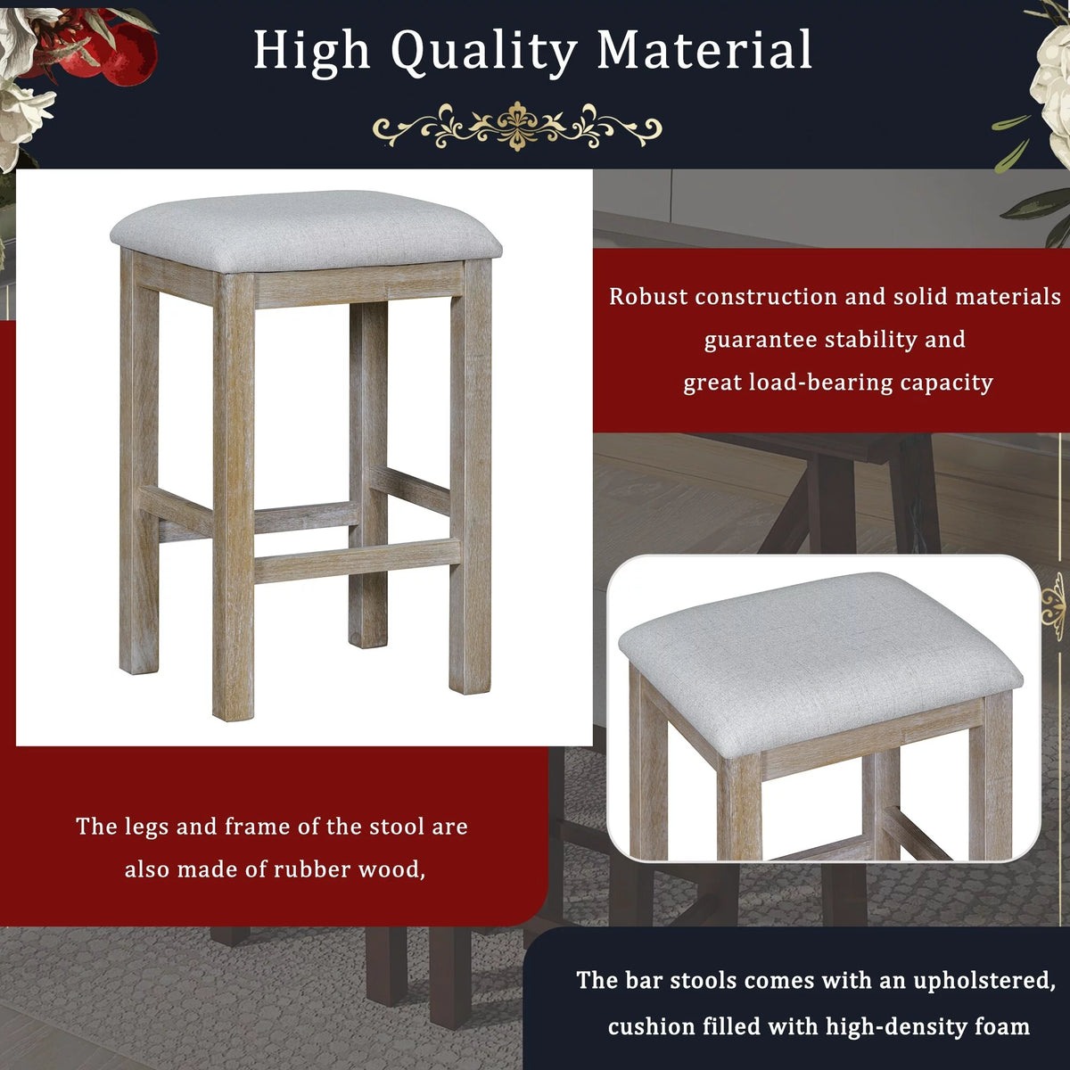 Natural Wood Wash Kitchen Bar Table Set with Upholstered Stools B44347
