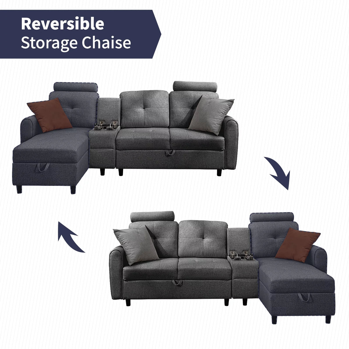 Dark Grey L Shaped Sectional Sofa with Storage Chaise O8313